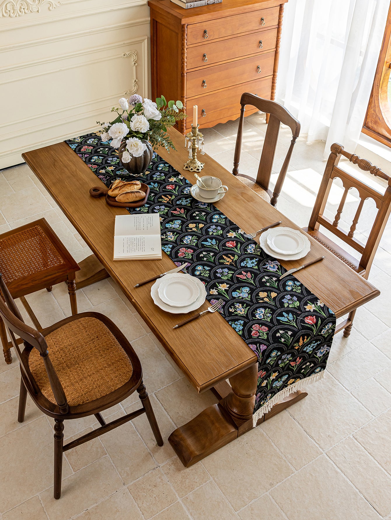 LaLuna Home Thousand Blooms Jacquard Table Runner with Tassels - Black