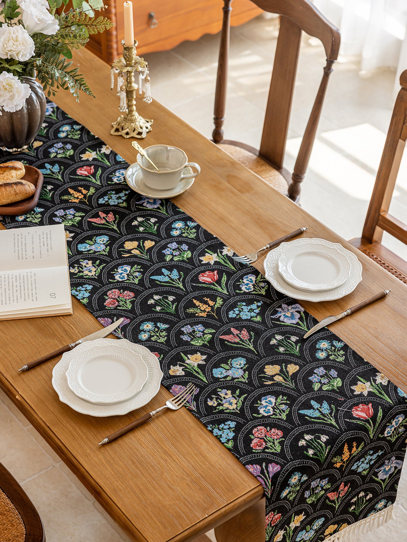 LaLuna Home Thousand Blooms Jacquard Table Runner with Tassels - Black