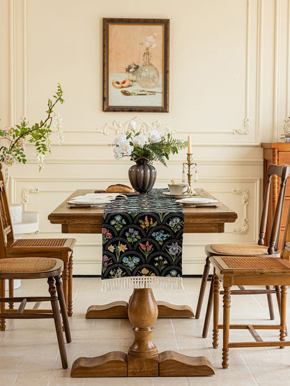 LaLuna Home Thousand Blooms Jacquard Table Runner with Tassels - Black