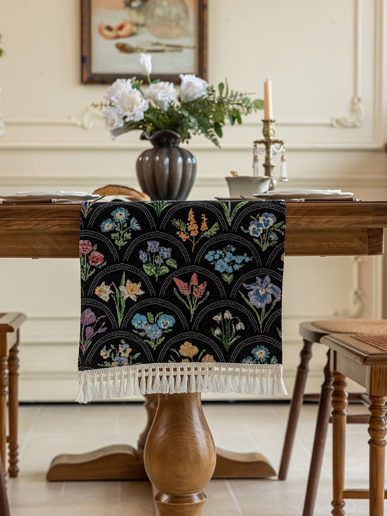 LaLuna Home Thousand Blooms Jacquard Table Runner with Tassels - Black