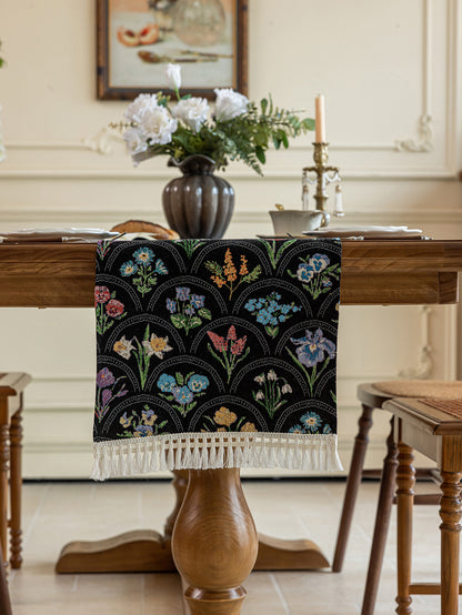LaLuna Home Thousand Blooms Jacquard Table Runner with Tassels - Black