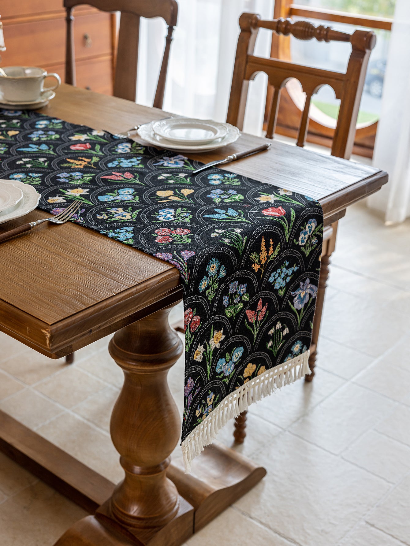 LaLuna Home Thousand Blooms Jacquard Table Runner with Tassels - Black