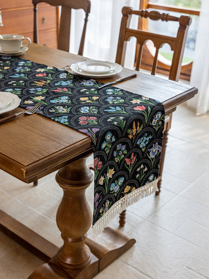 LaLuna Home Thousand Blooms Jacquard Table Runner with Tassels - Black