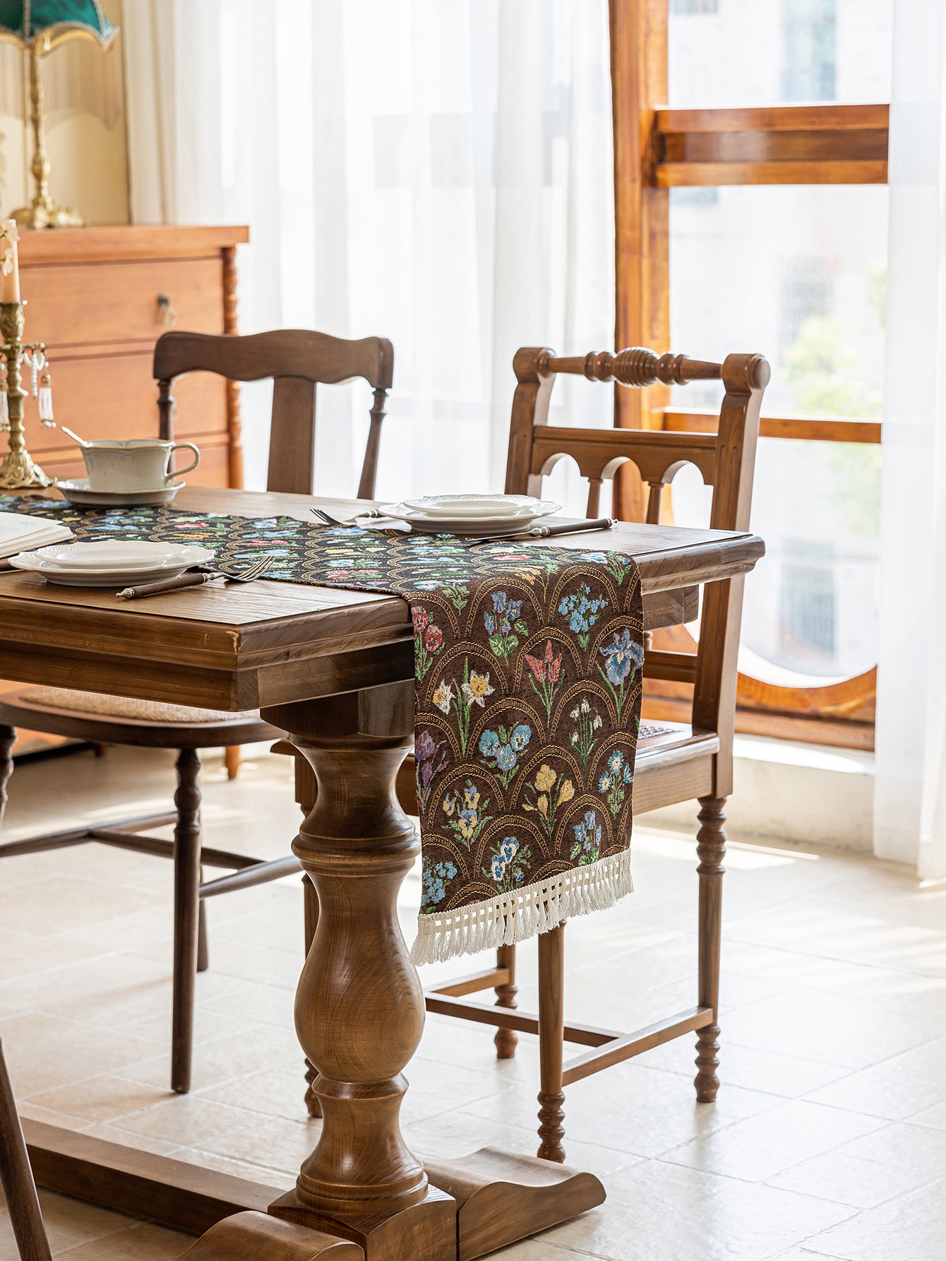 LaLuna Home Thousand Blooms Jacquard Table Runner with Tassels - Coffee