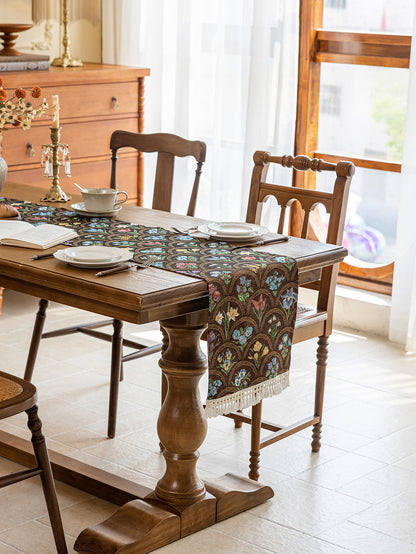 LaLuna Home Thousand Blooms Jacquard Table Runner with Tassels - Coffee