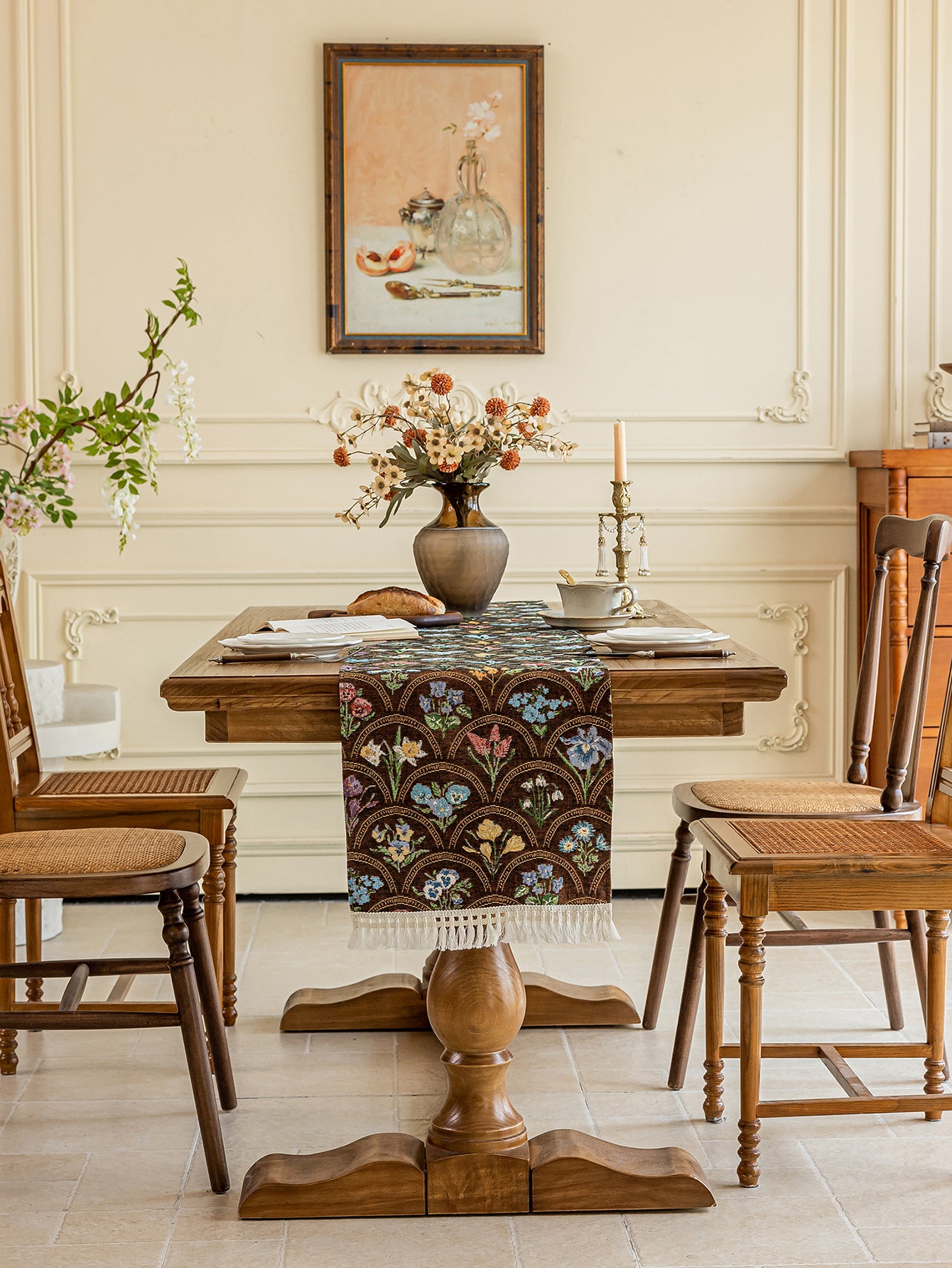 LaLuna Home Thousand Blooms Jacquard Table Runner with Tassels - Coffee