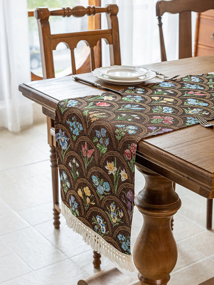 LaLuna Home Thousand Blooms Jacquard Table Runner with Tassels - Coffee