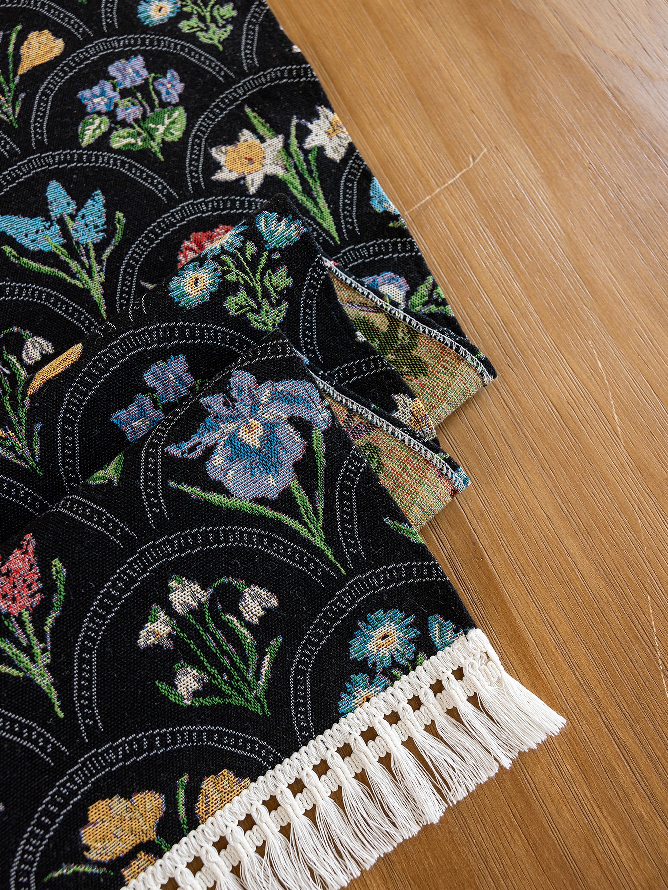 LaLuna Home Thousand Blooms Jacquard Table Runner with Tassels - Black