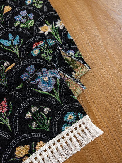 LaLuna Home Thousand Blooms Jacquard Table Runner with Tassels - Black
