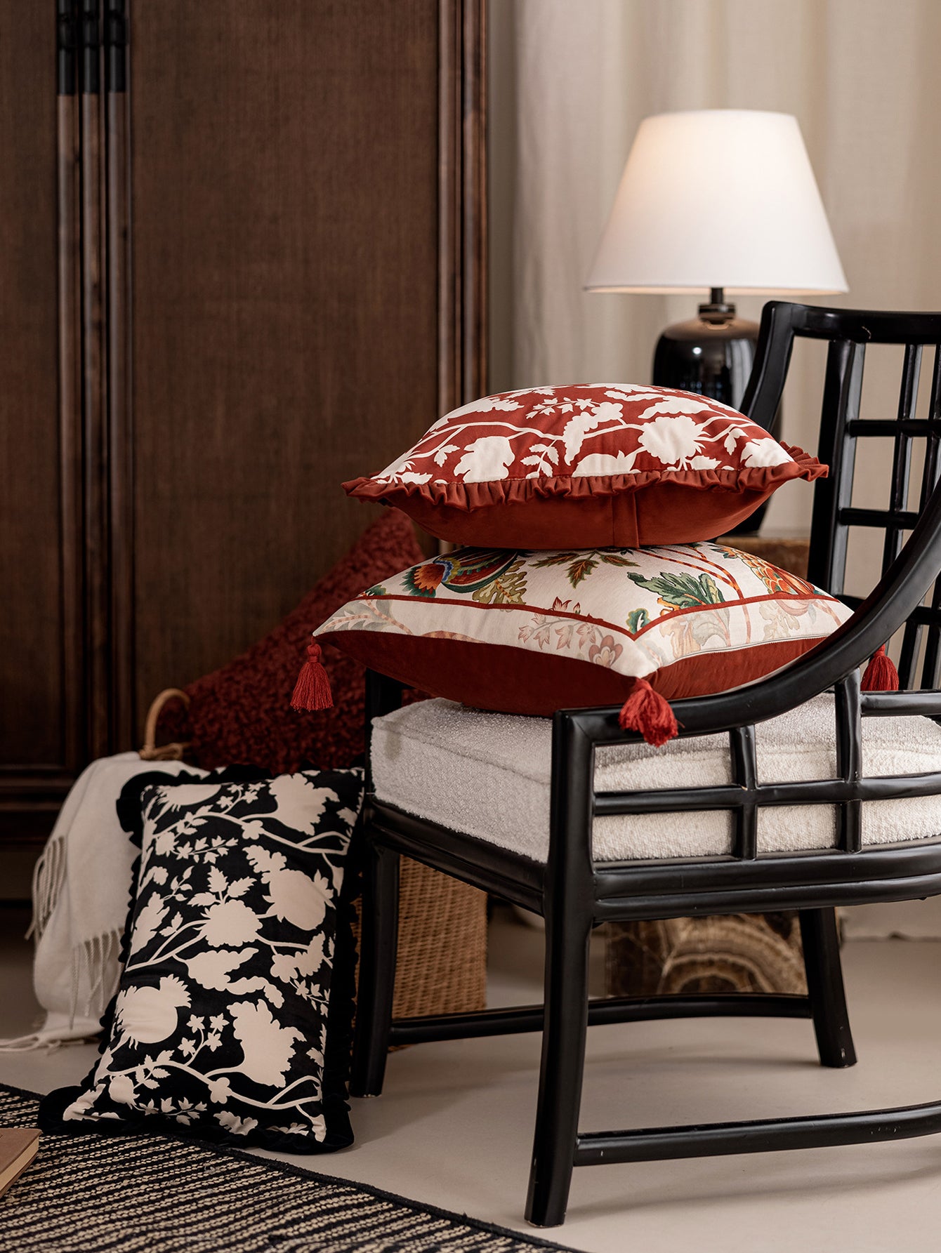 Kerman Pomegranate Bloom Lumbar Pillow with Ruffle Trim