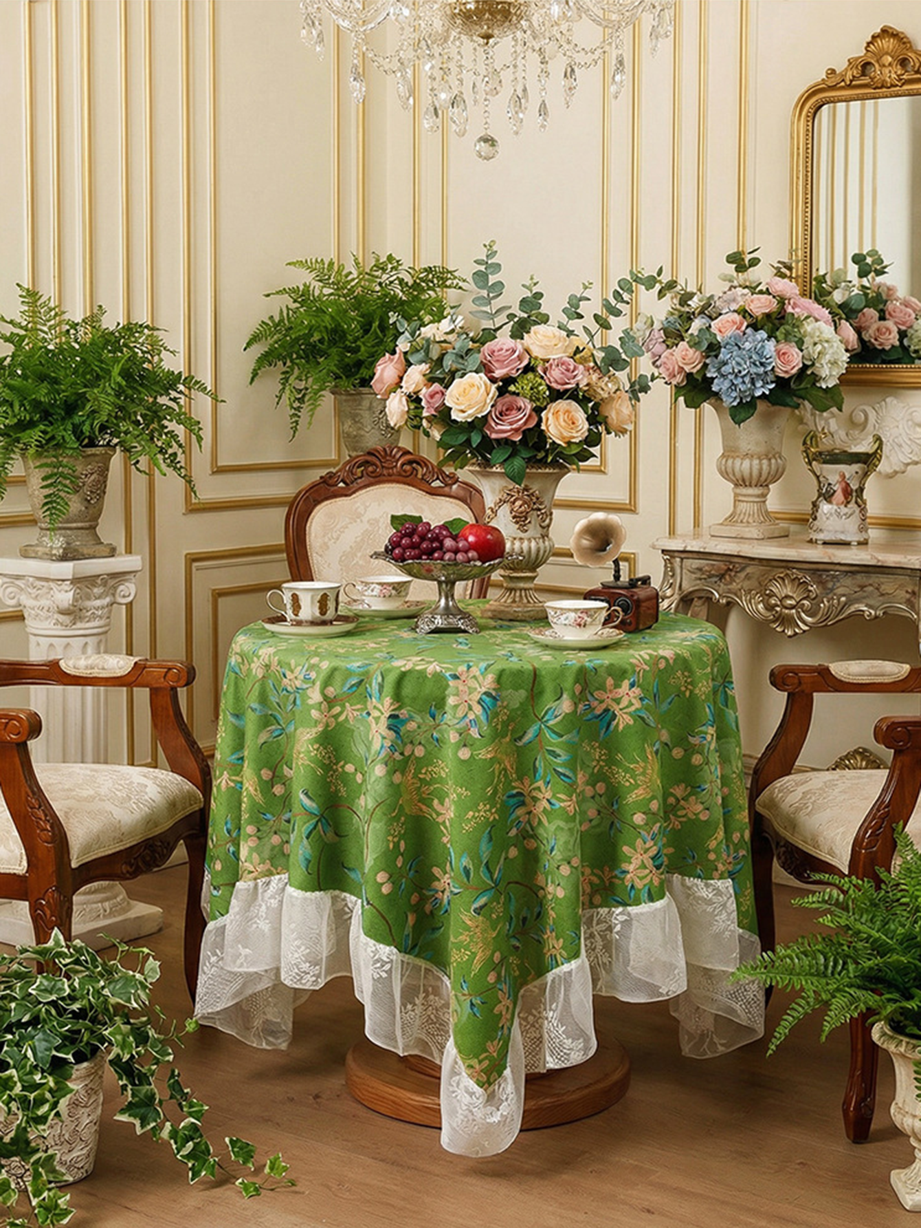 Chinoiserie Verdant Floral Tablecloth with Lace Ruffled Trim