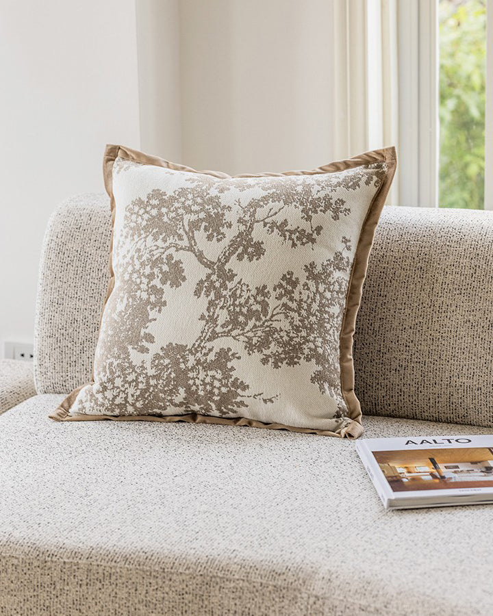 LaLuna Home Chinoiserie Taupe Ink-Painting Bayberry Tree Jacquard Throw Pillow