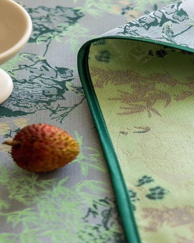 LaLuna Home Chinoiserie Lush Green Bamboo Tablecloth with Tassels