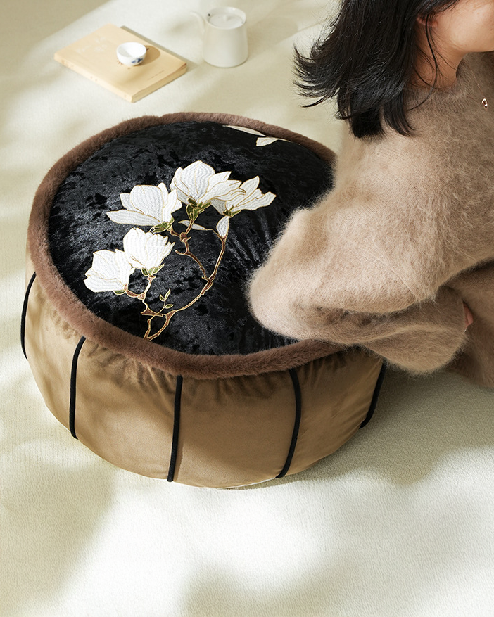 LaLuna Home Chinoiserie Magnolia Embroidered Velvet Pouf Cover