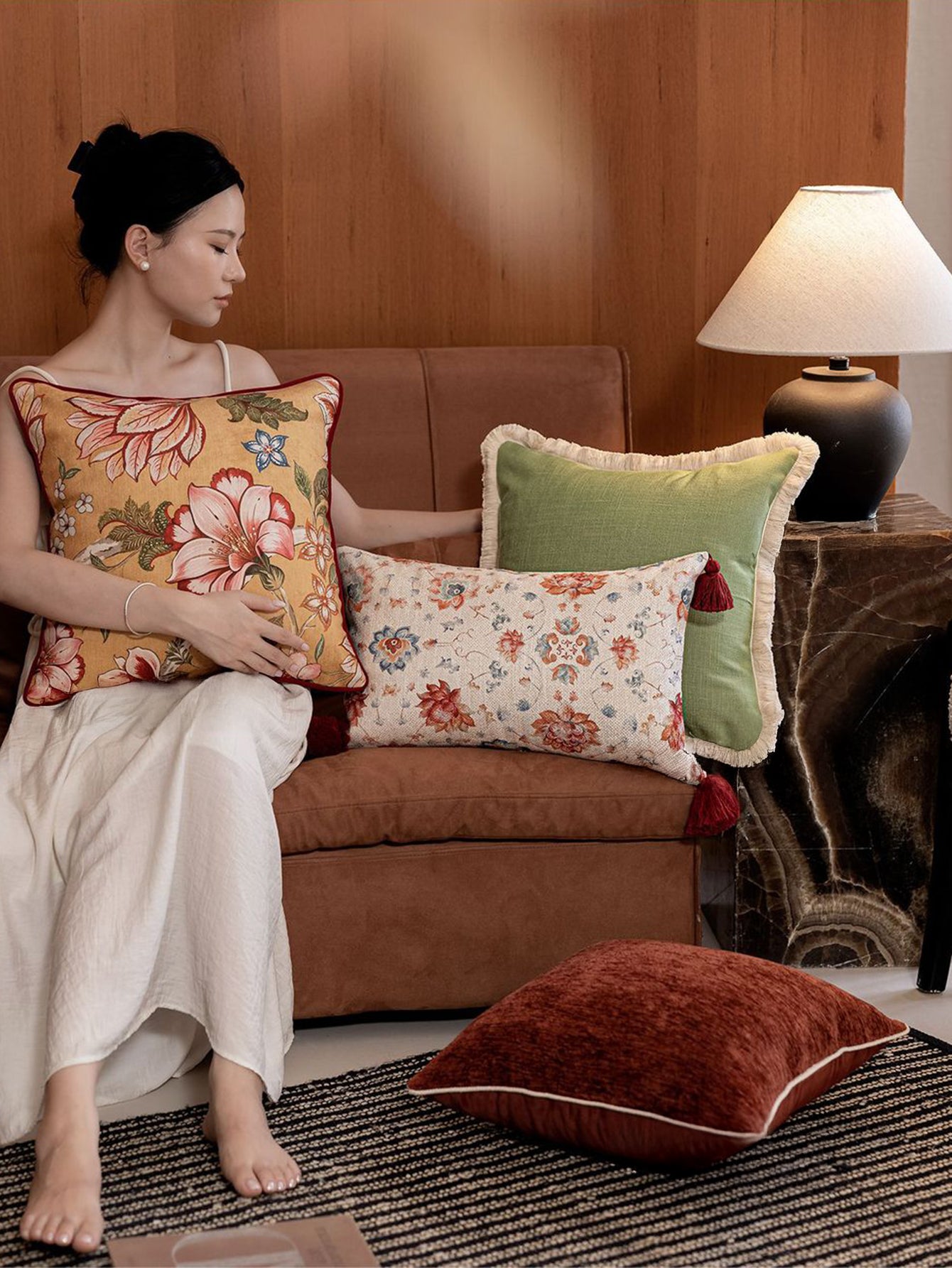 Chinoiserie Crimson Lotus Throw Pillow