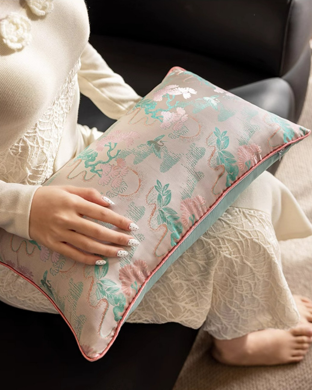 LaLuna Home Chinoiserie  Pine-Crane Pattern Throw Pillow for Sofa & Bed Decor