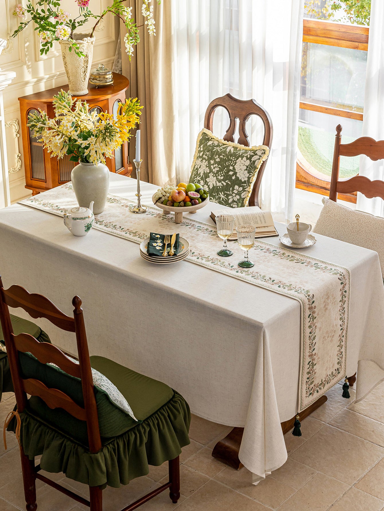 Chinoiserie Green Verse Pattern Table Runner with Tassels