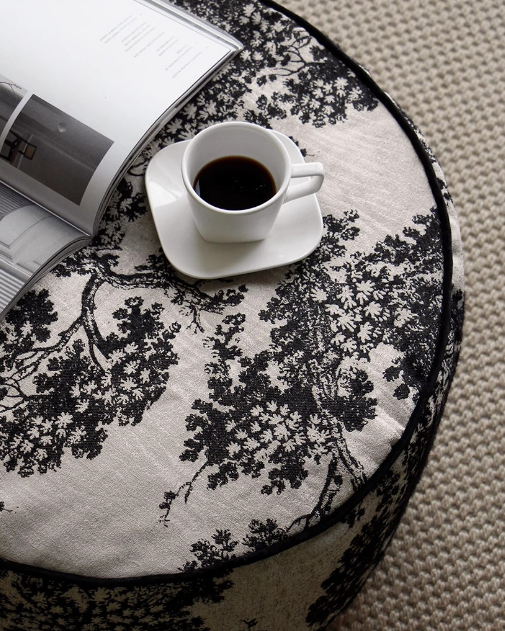 LaLuna Home Chinoiserie Ink-Painting Bayberry Tree Jacquard Pouf Cover - Round