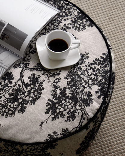 LaLuna Home Chinoiserie Ink-Painting Bayberry Tree Jacquard Pouf Cover - Round