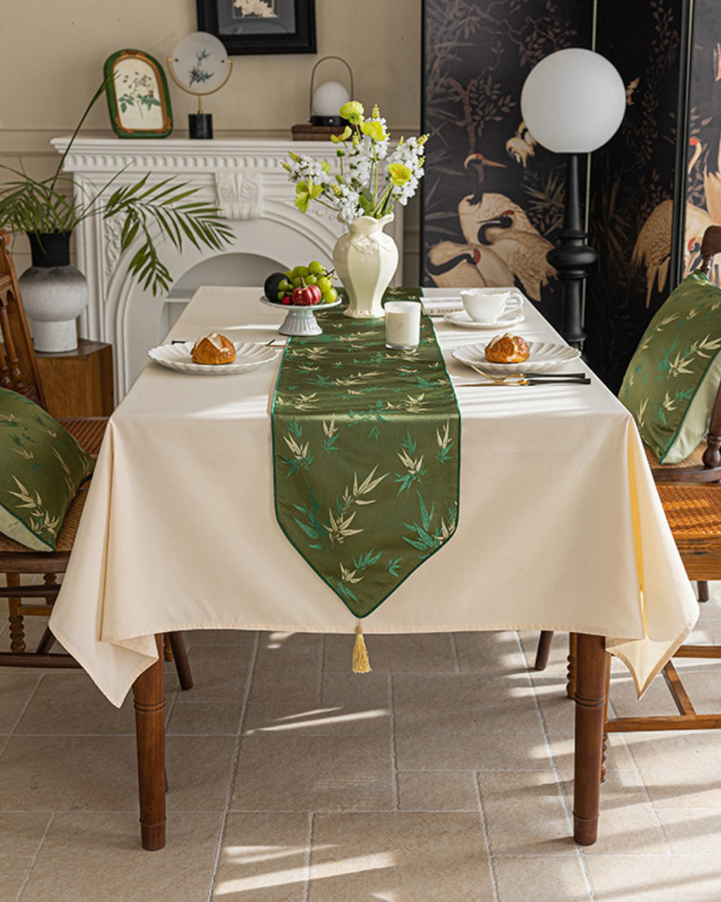 LaLuna Home Chinoiserie  Bamboo Embroidered Table Runner with Tassels