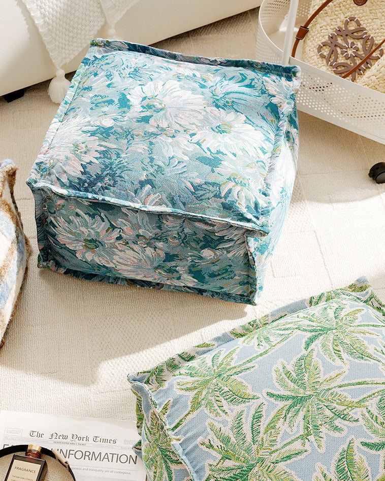 LaLuna Home Blue Monet Floral Pattern Chenille Pouf Cover