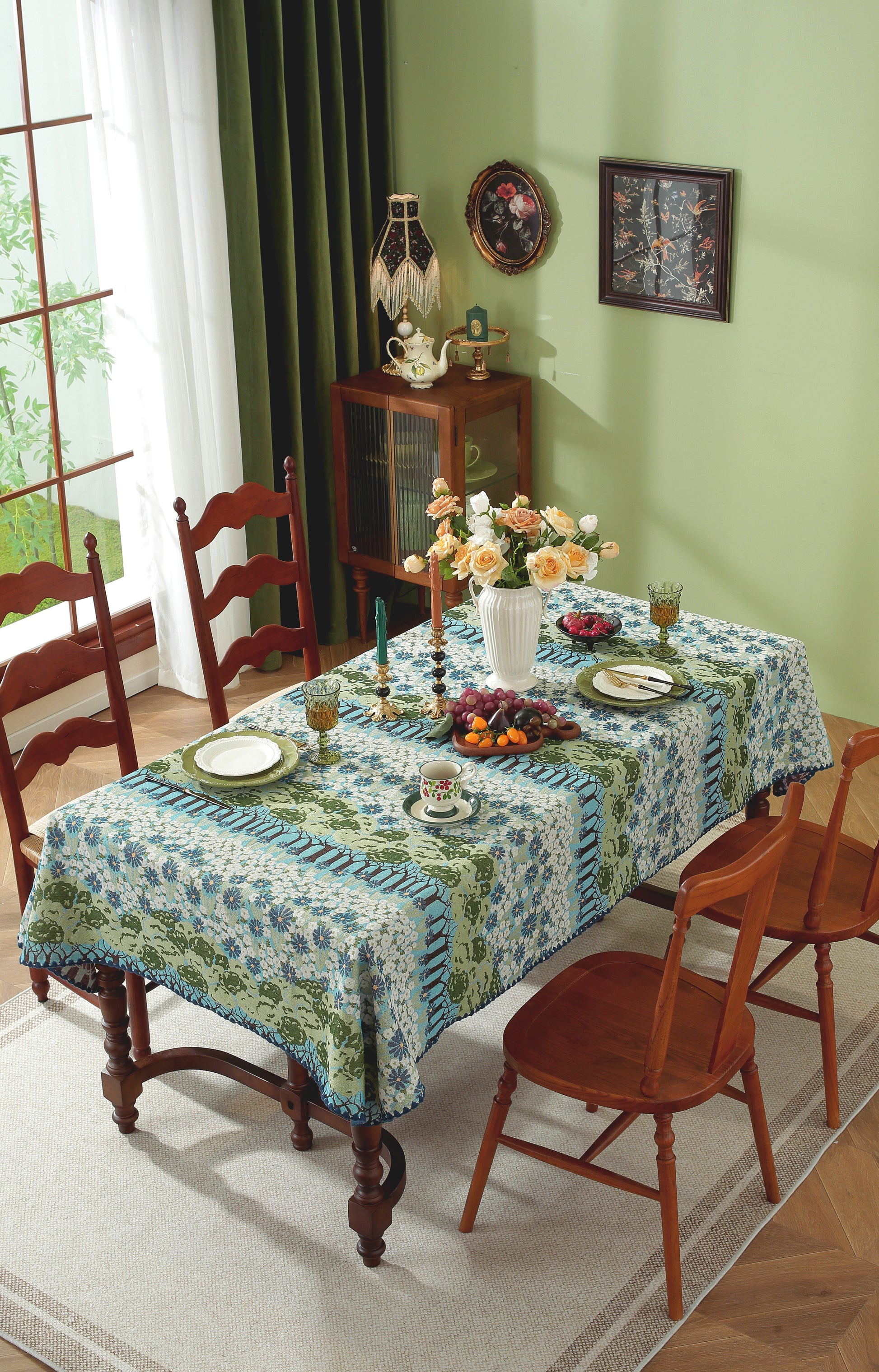 LaLuna Home Chunjiang Town Jacquard  Tablecloth with Shell Trim - Spring Tree