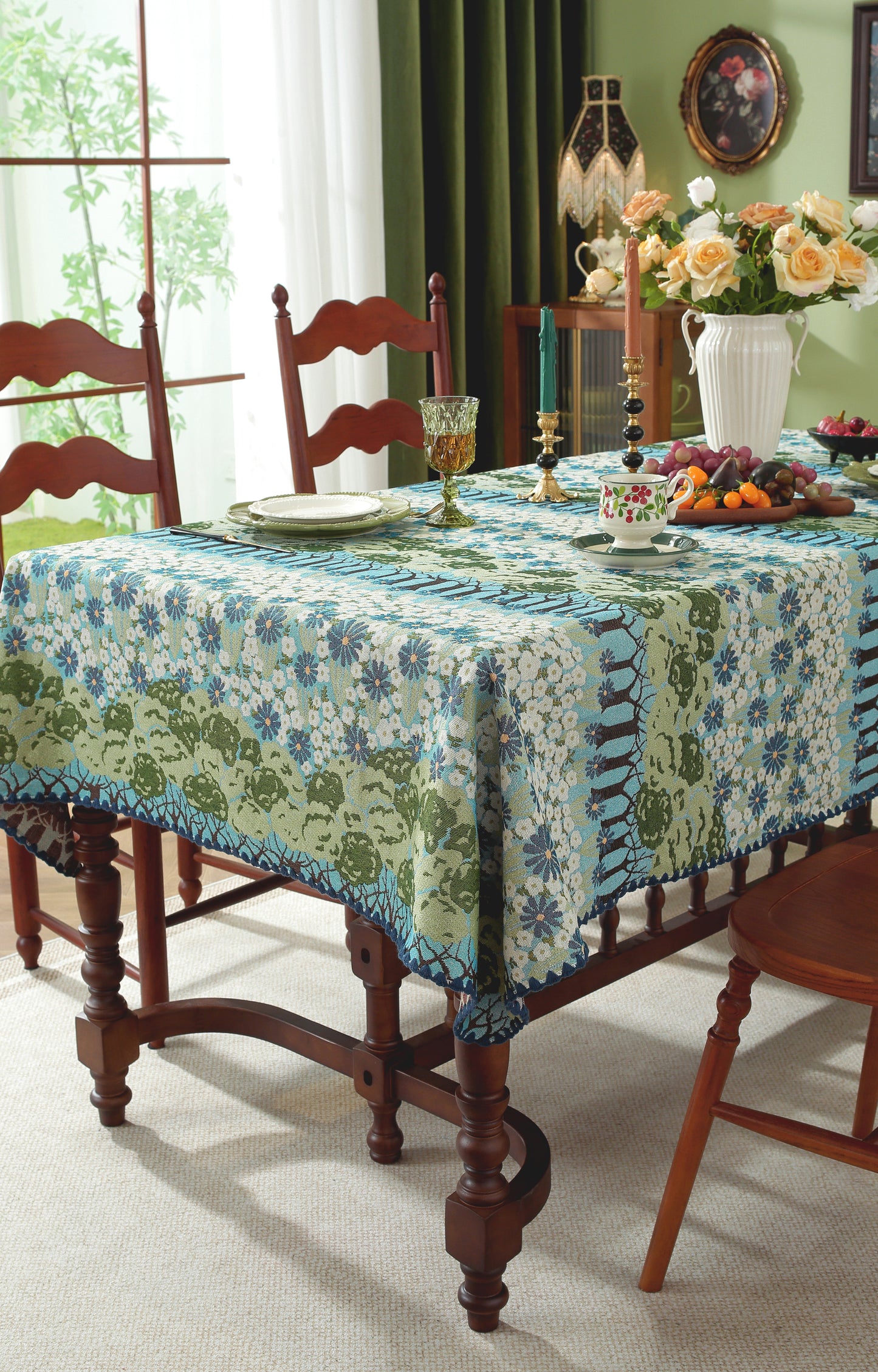 LaLuna Home Chunjiang Town Jacquard  Tablecloth with Shell Trim - Spring Tree