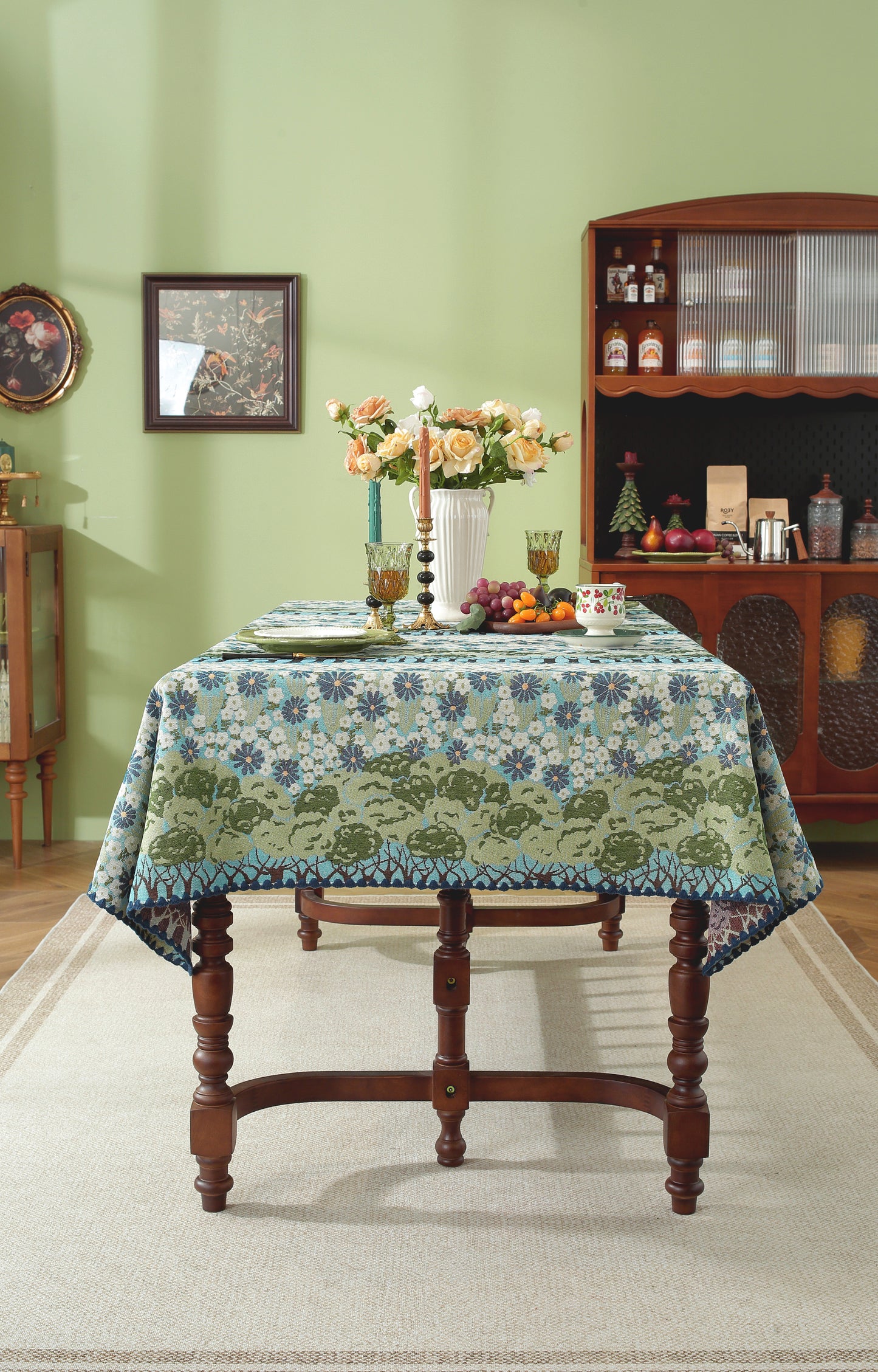 LaLuna Home Chunjiang Town Jacquard  Tablecloth with Shell Trim - Spring Tree