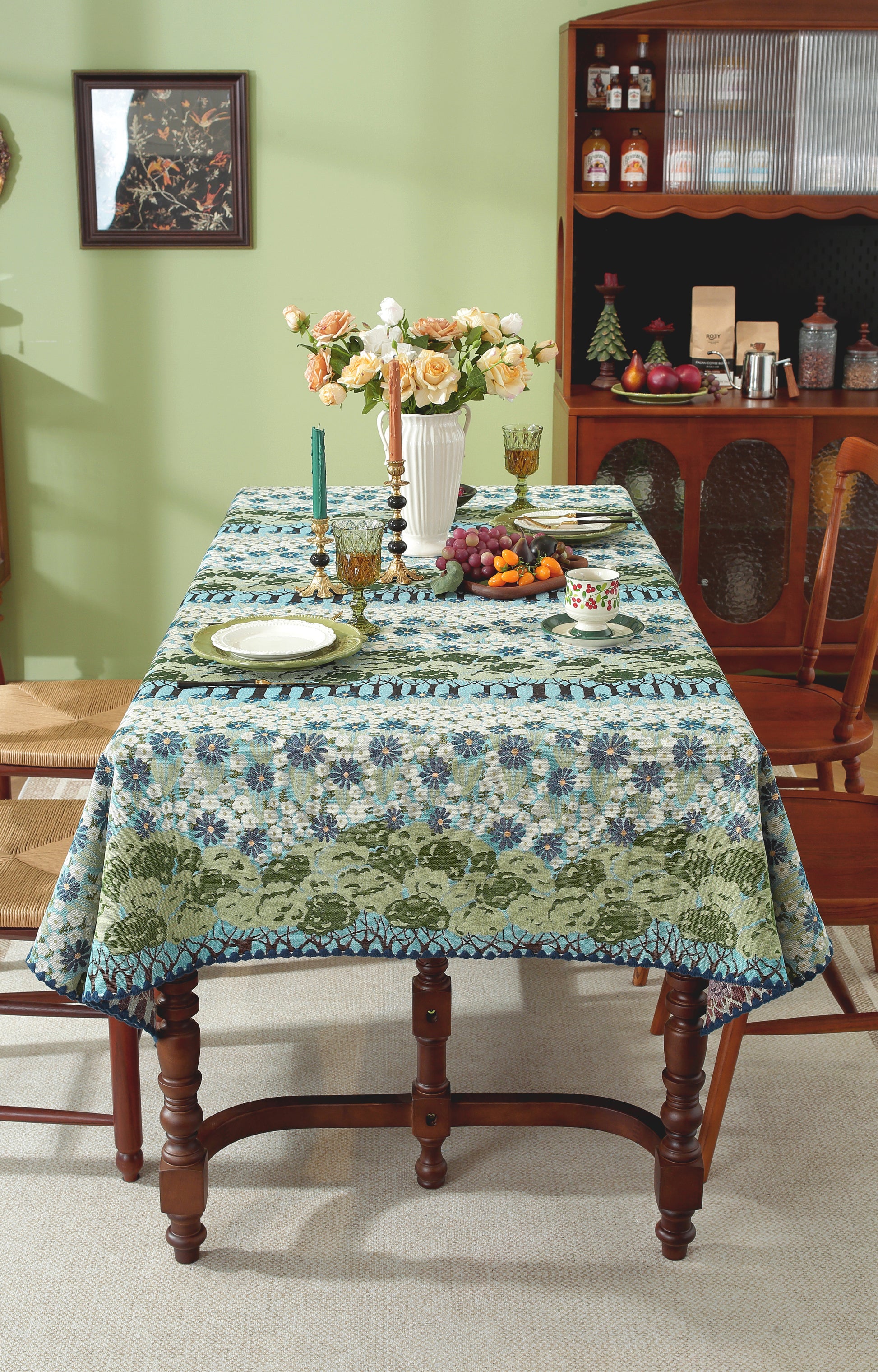LaLuna Home Chunjiang Town Jacquard  Tablecloth with Shell Trim - Spring Tree
