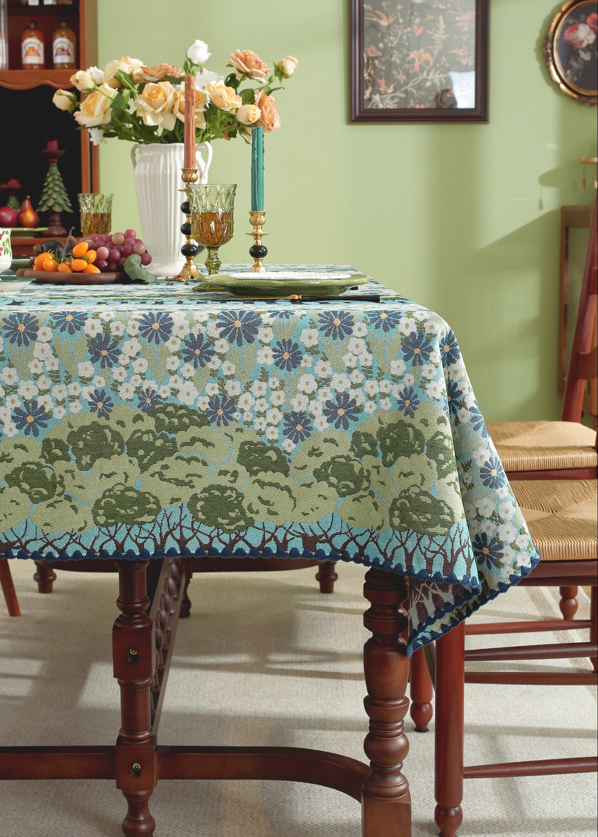 LaLuna Home Chunjiang Town Jacquard  Tablecloth with Shell Trim - Spring Tree