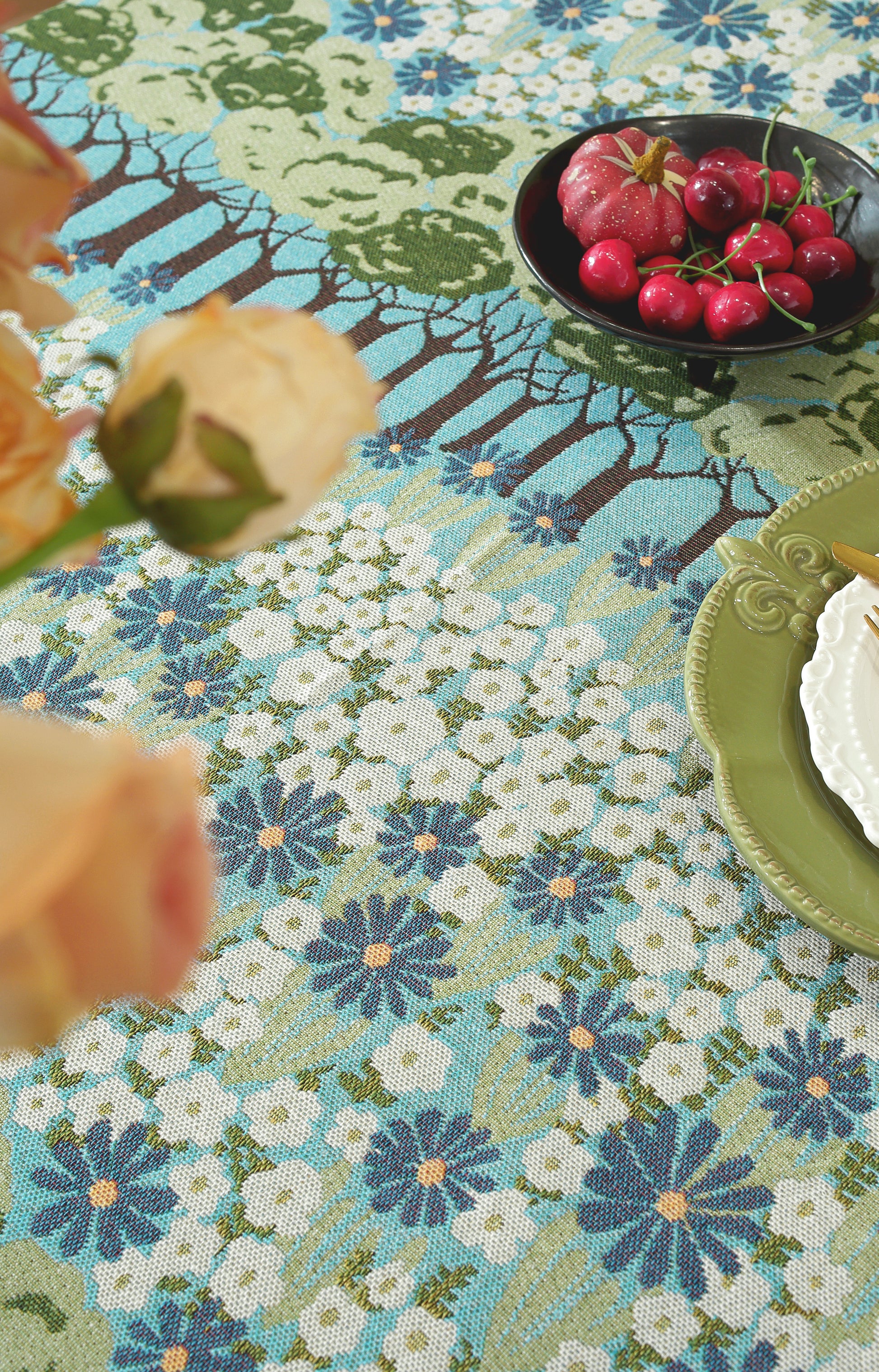 LaLuna Home Chunjiang Town Jacquard  Tablecloth with Shell Trim - Spring Tree