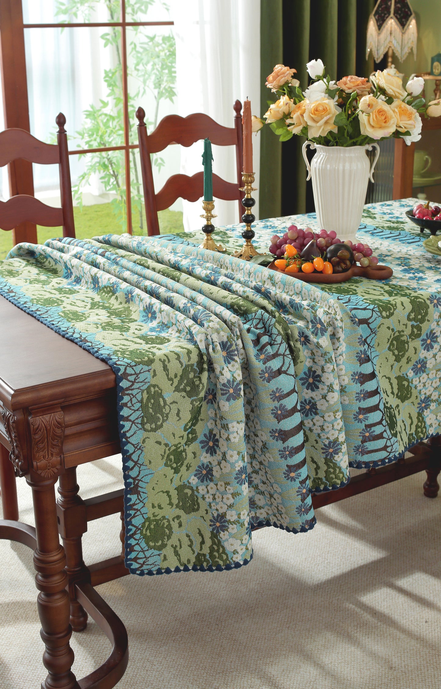LaLuna Home Chunjiang Town Jacquard  Tablecloth with Shell Trim - Spring Tree