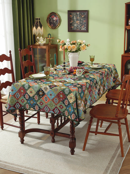 LaLuna Home Chunjiang Town Jacquard  Tablecloth with Shell Trim - Green Patchwork