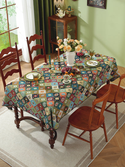 LaLuna Home Chunjiang Town Jacquard  Tablecloth with Shell Trim - Green Patchwork