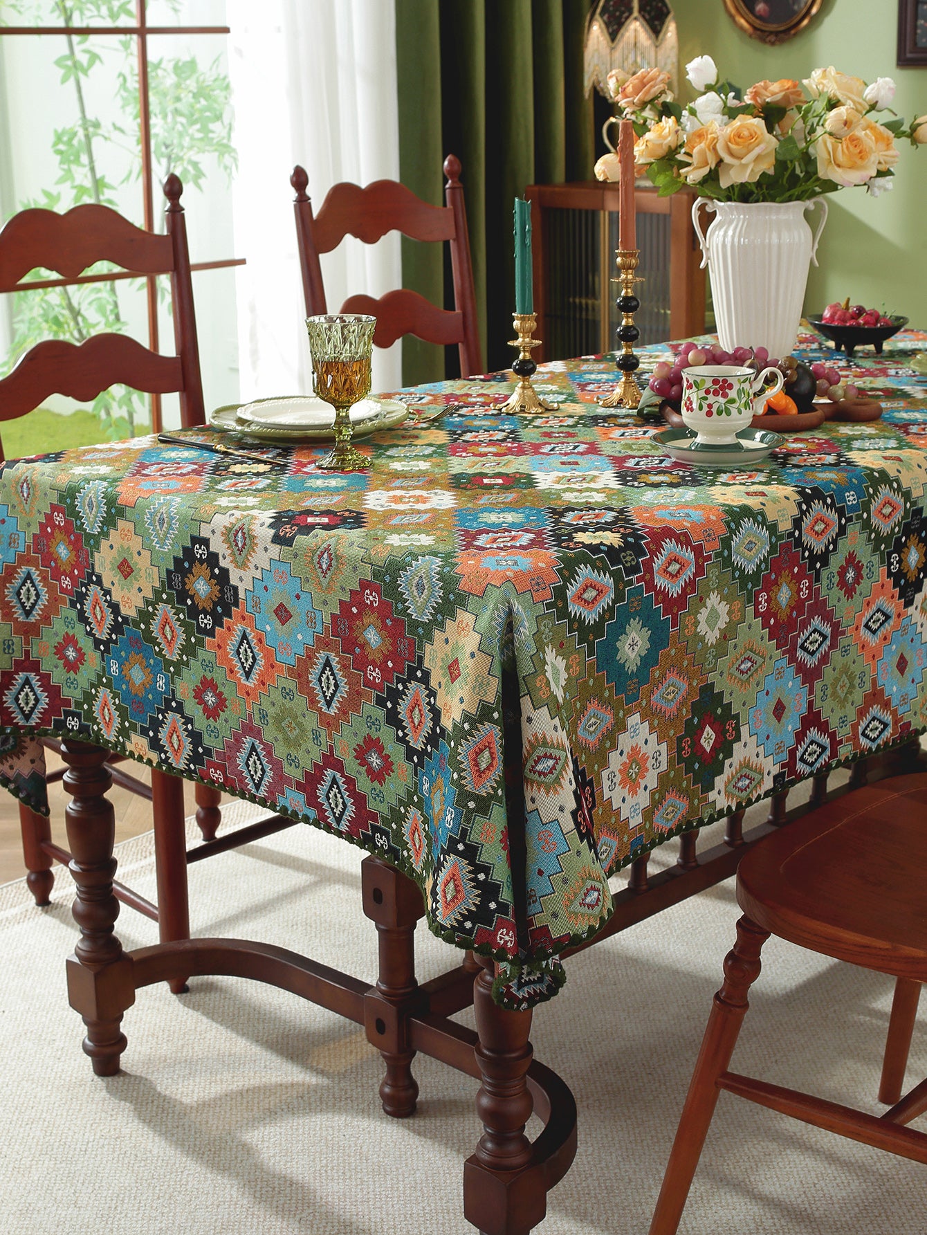 LaLuna Home Chunjiang Town Jacquard  Tablecloth with Shell Trim - Green Patchwork