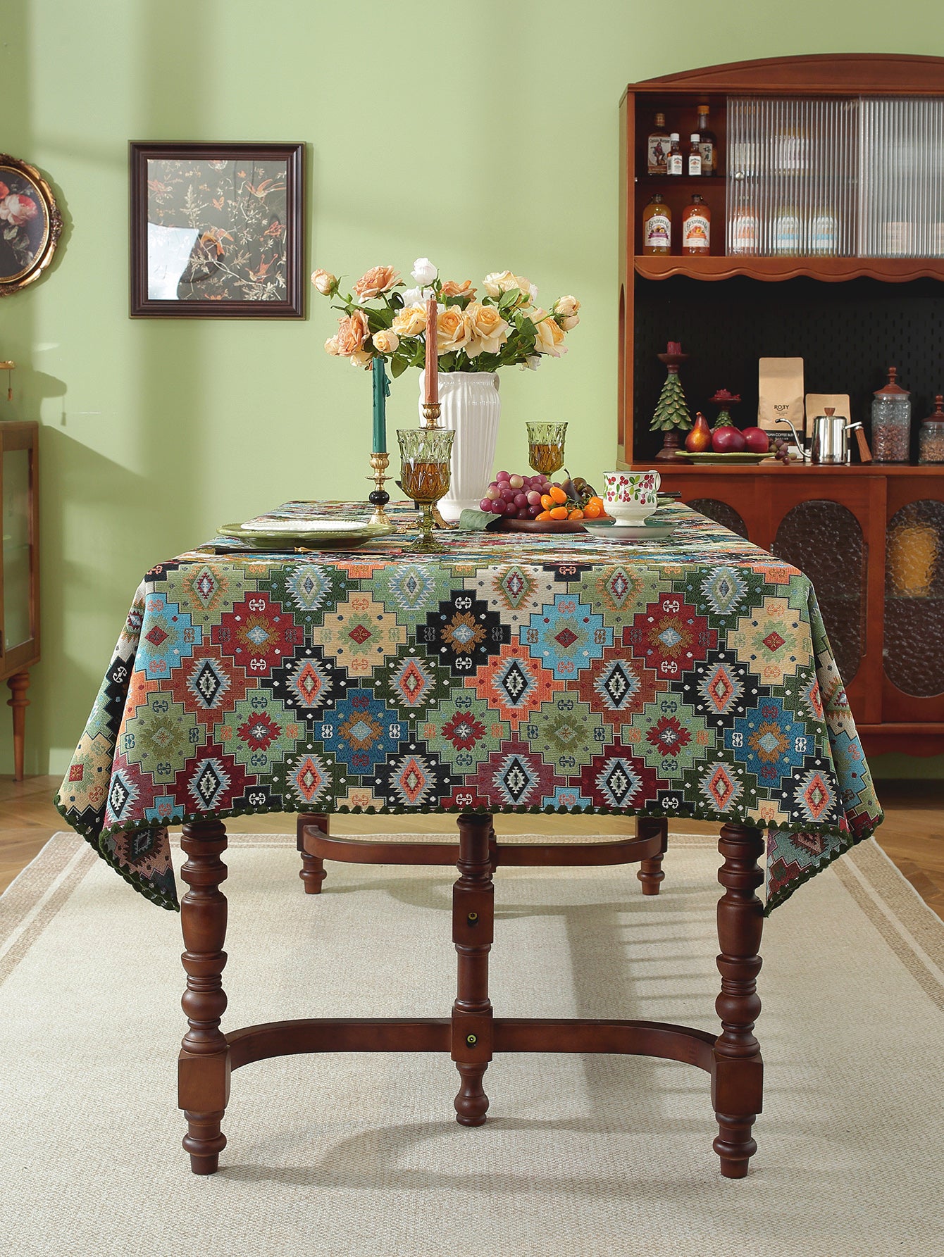 LaLuna Home Chunjiang Town Jacquard  Tablecloth with Shell Trim - Green Patchwork