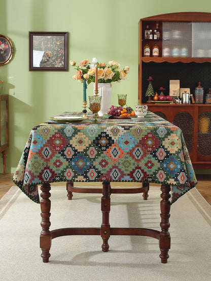 LaLuna Home Chunjiang Town Jacquard  Tablecloth with Shell Trim - Green Patchwork