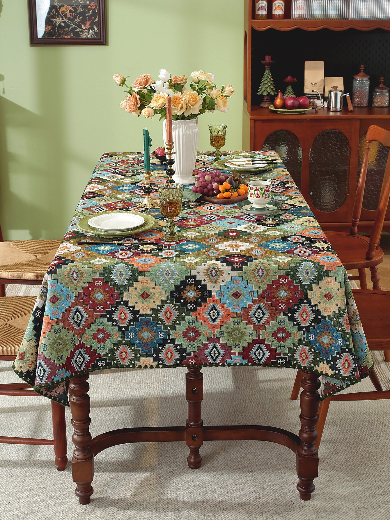 LaLuna Home Chunjiang Town Jacquard  Tablecloth with Shell Trim - Green Patchwork
