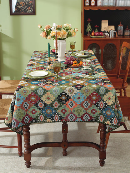 LaLuna Home Chunjiang Town Jacquard  Tablecloth with Shell Trim - Green Patchwork