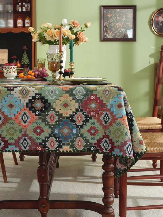LaLuna Home Chunjiang Town Jacquard  Tablecloth with Shell Trim - Green Patchwork