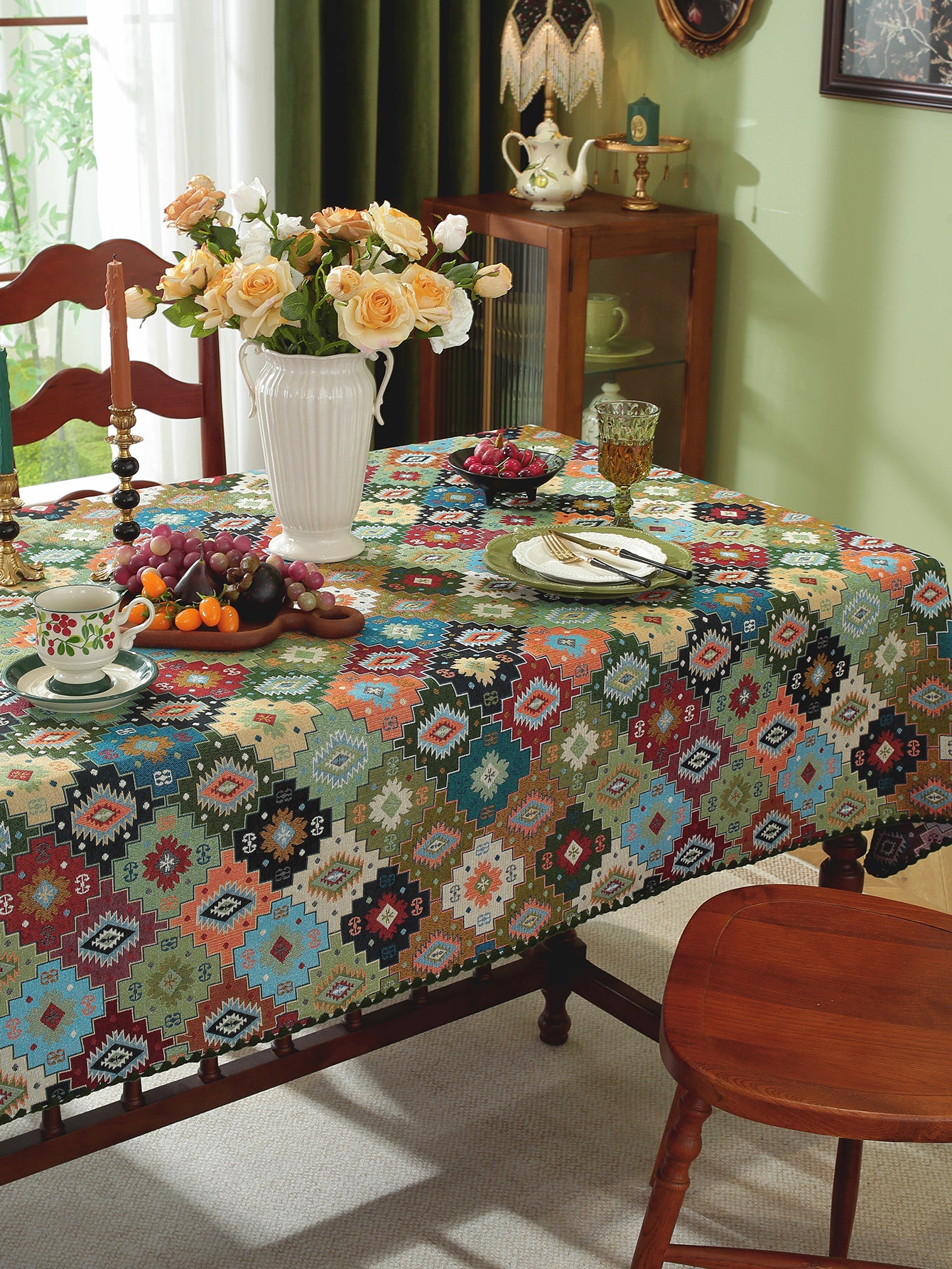 LaLuna Home Chunjiang Town Jacquard  Tablecloth with Shell Trim - Green Patchwork