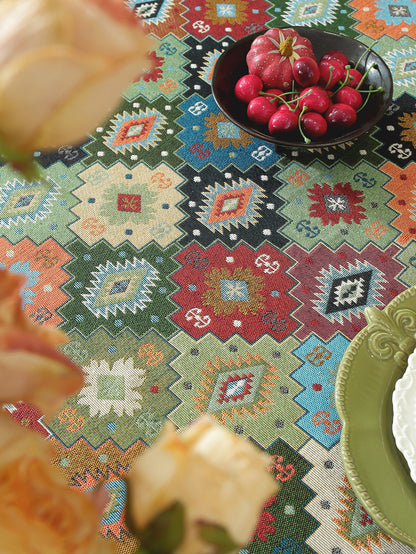 LaLuna Home Chunjiang Town Jacquard  Tablecloth with Shell Trim - Green Patchwork