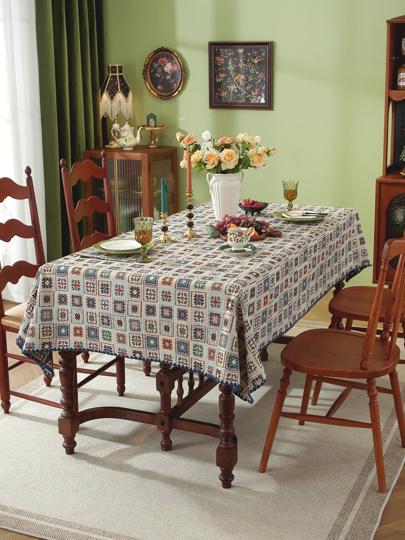 LaLuna Home Chunjiang Town Jacquard  Tablecloth with Shell Trim - Blue Crochet Pattern