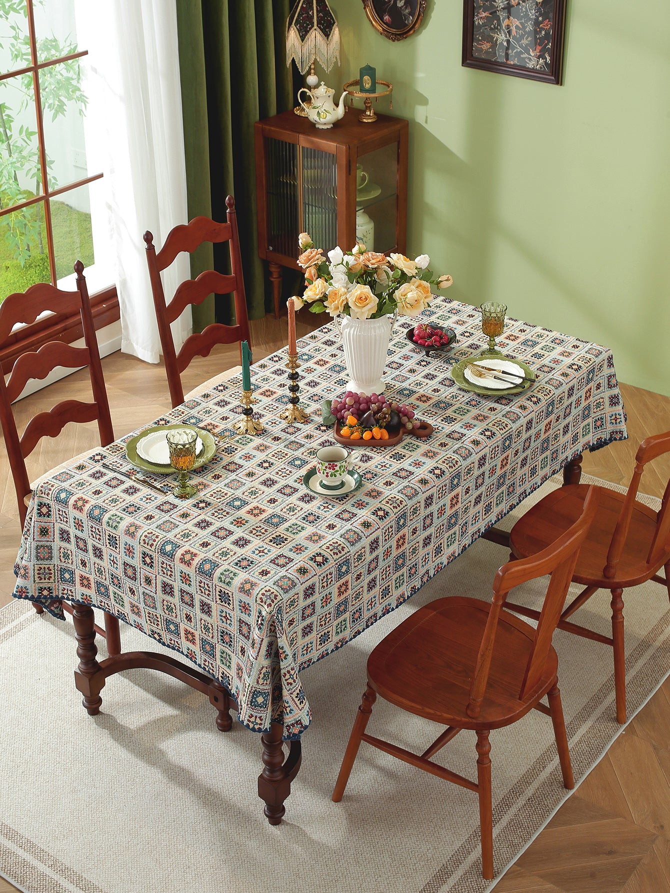LaLuna Home Chunjiang Town Jacquard  Tablecloth with Shell Trim - Blue Crochet Pattern