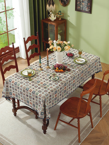 LaLuna Home Chunjiang Town Jacquard  Tablecloth with Shell Trim - Blue Crochet Pattern