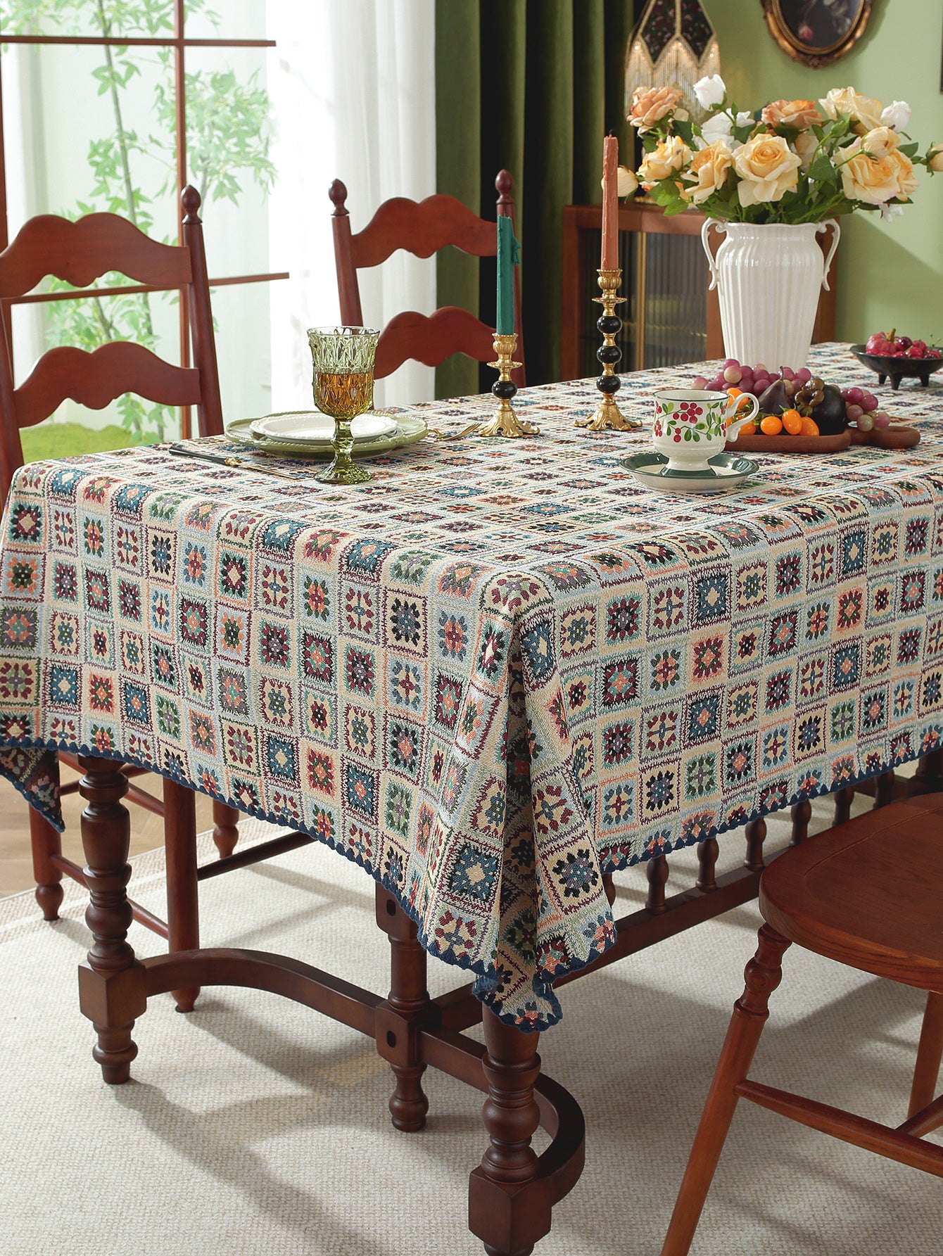 LaLuna Home Chunjiang Town Jacquard  Tablecloth with Shell Trim - Blue Crochet Pattern