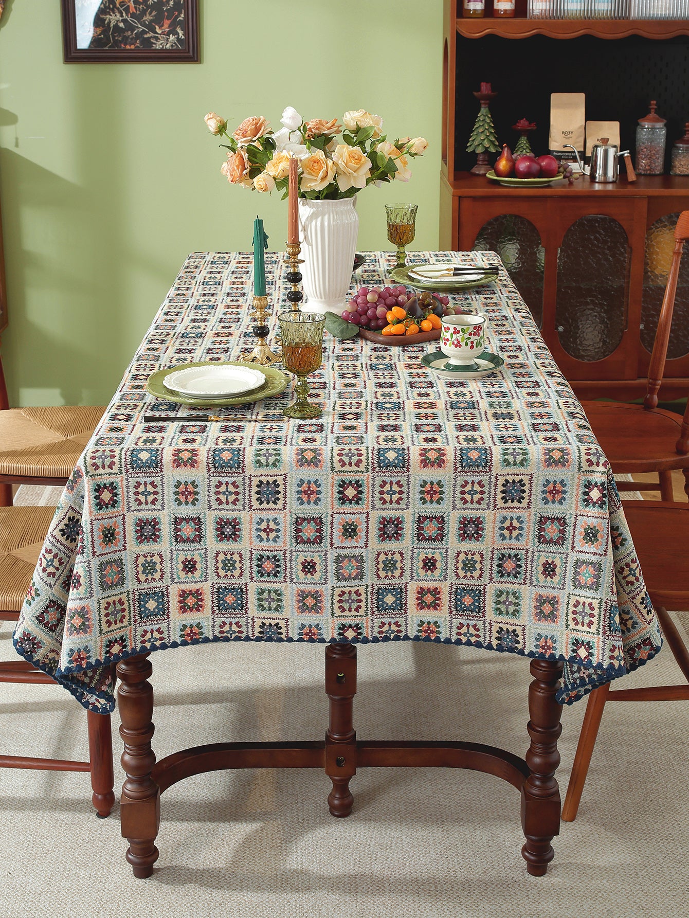 LaLuna Home Chunjiang Town Jacquard  Tablecloth with Shell Trim - Blue Crochet Pattern