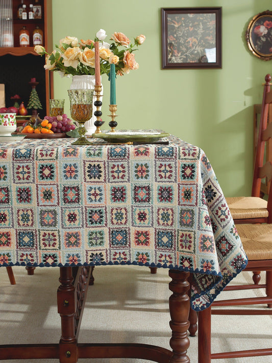LaLuna Home Chunjiang Town Jacquard  Tablecloth with Shell Trim - Blue Crochet Pattern
