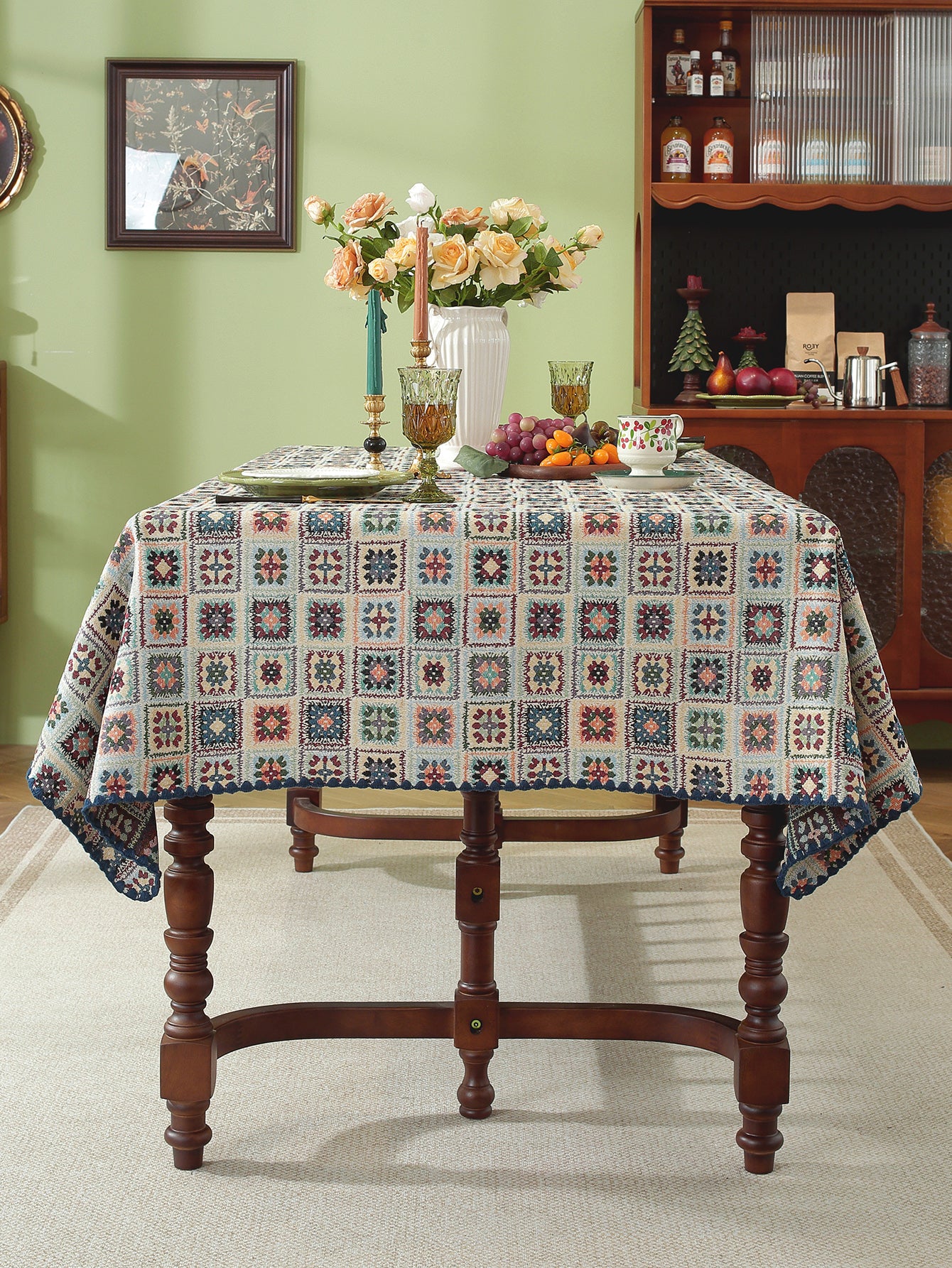 LaLuna Home Chunjiang Town Jacquard  Tablecloth with Shell Trim - Blue Crochet Pattern