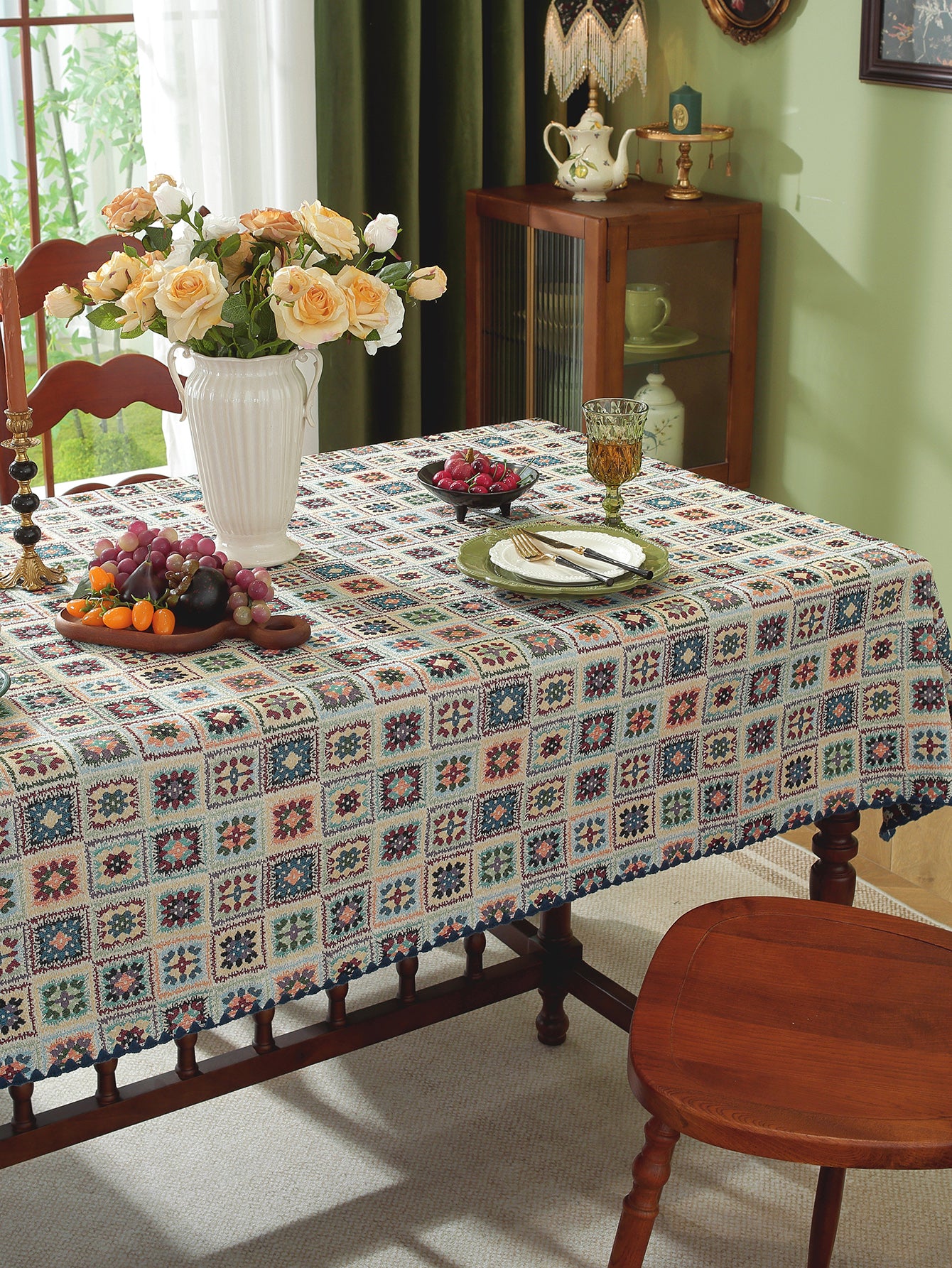 LaLuna Home Chunjiang Town Jacquard  Tablecloth with Shell Trim - Blue Crochet Pattern